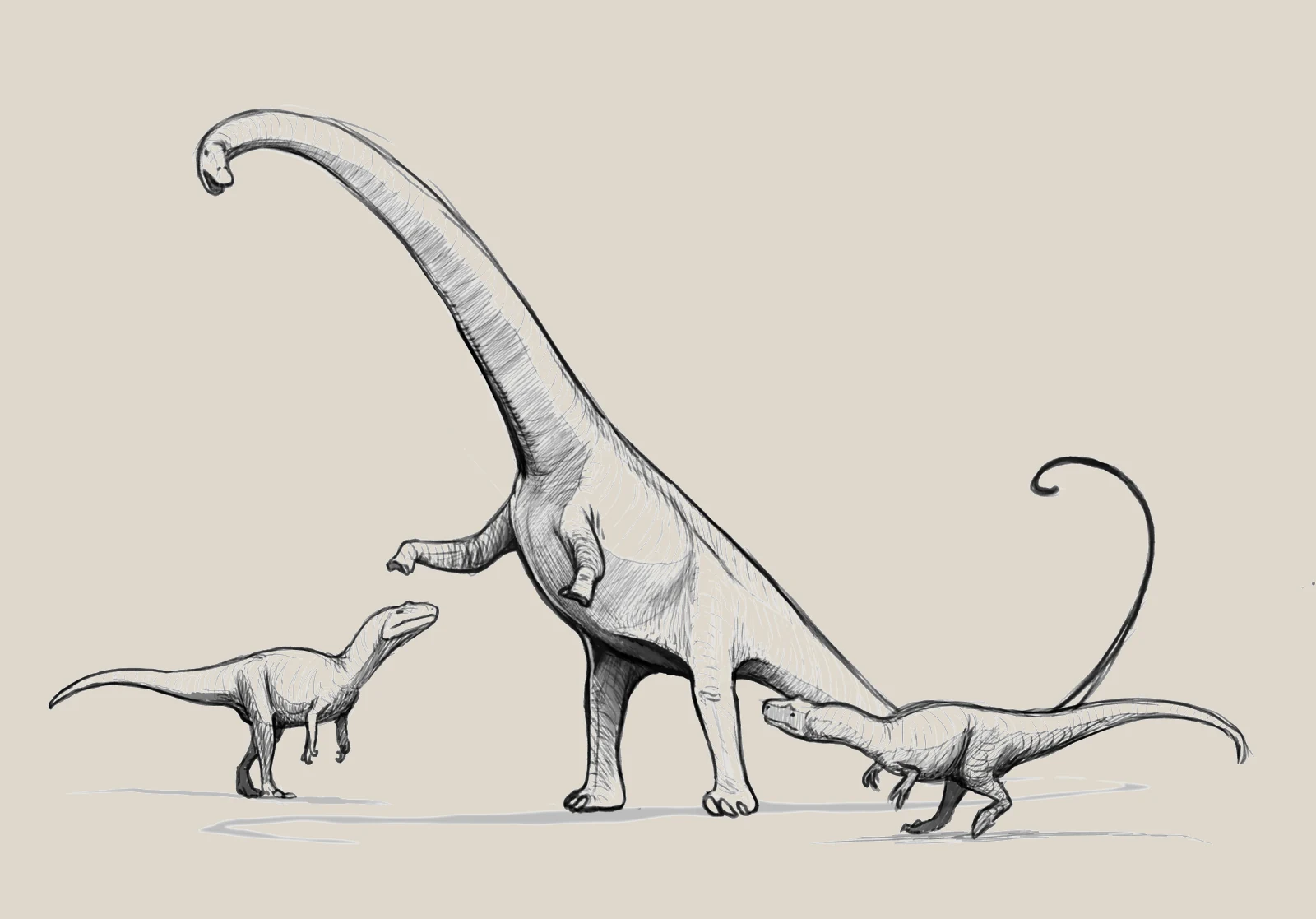 Life reconstruction of an adult Barosaurus rearing near a juvenile and an Allosaurus